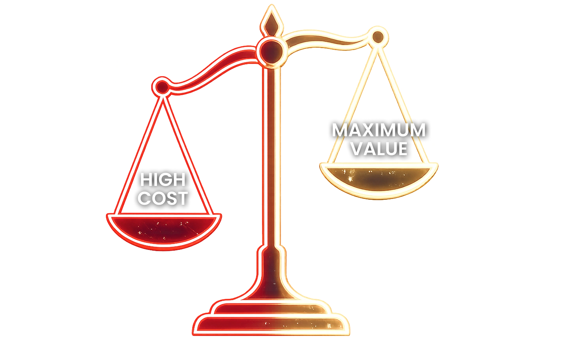 Glowing balance scale weighing high cost against maximum value