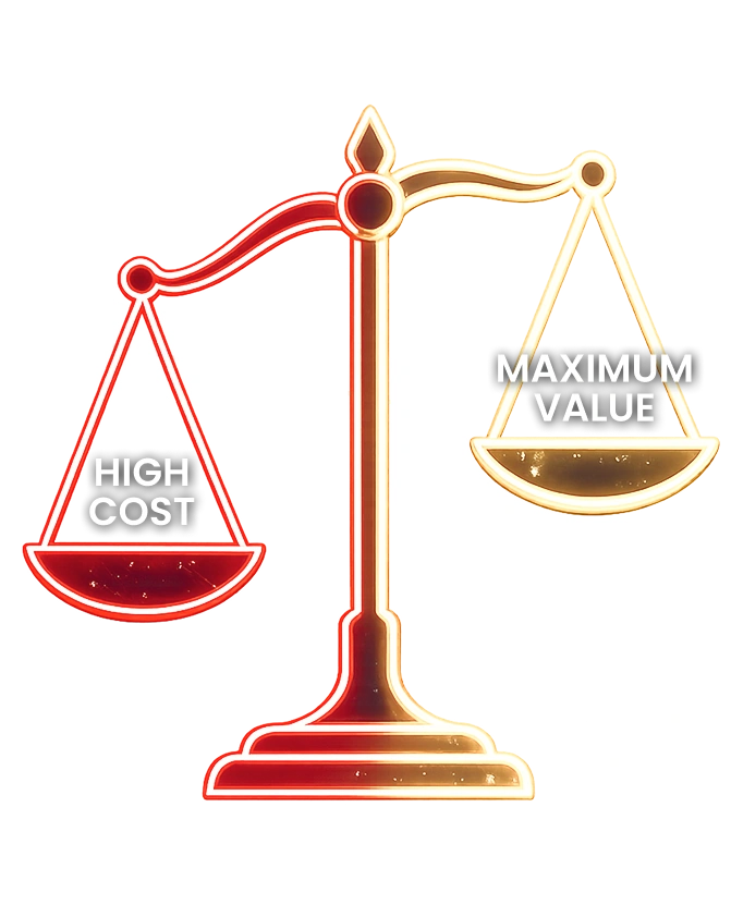 Glowing balance scale weighing high cost against maximum value