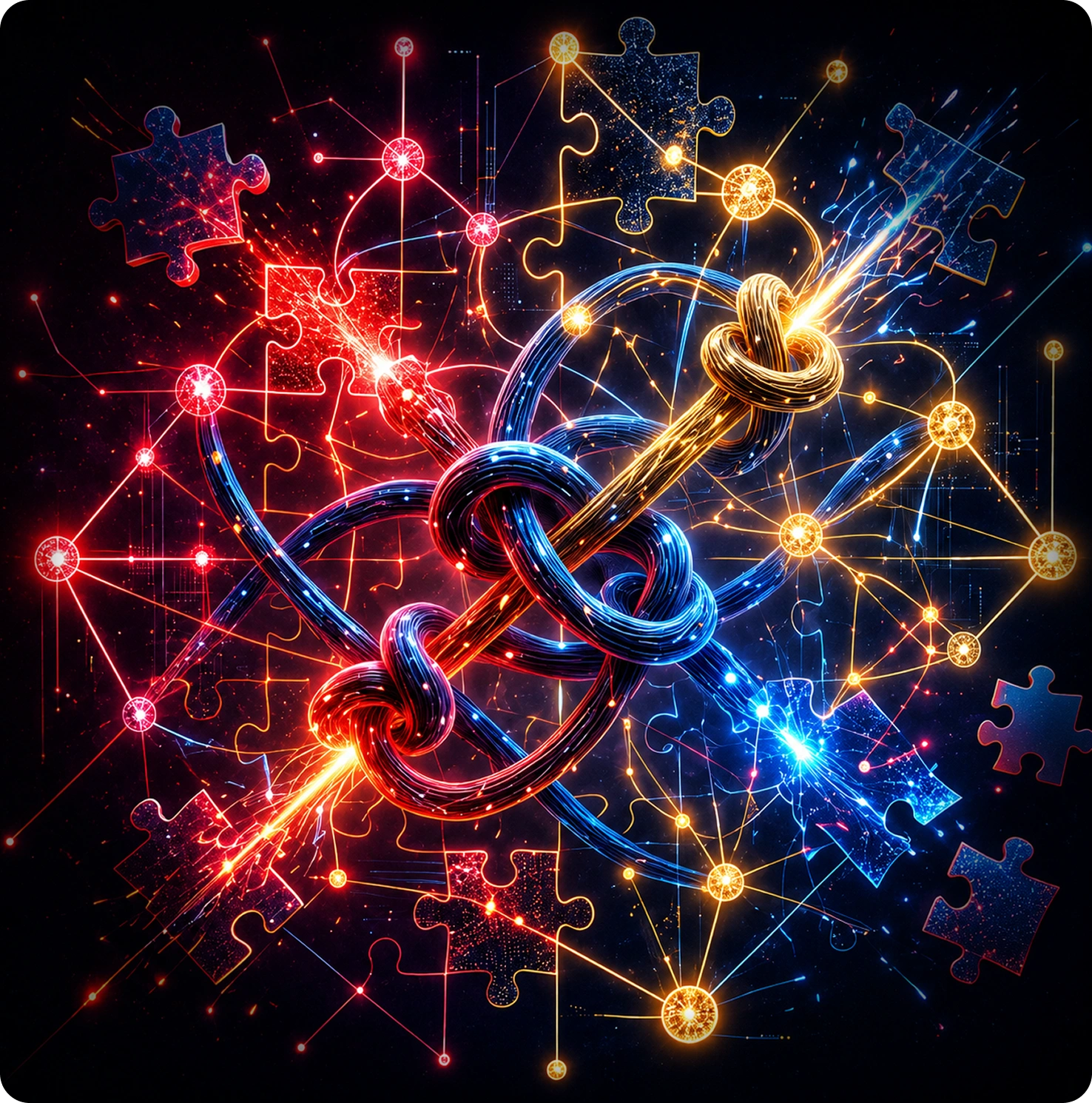 Abstract AI visual of glowing puzzle pieces linked by interlocking chains