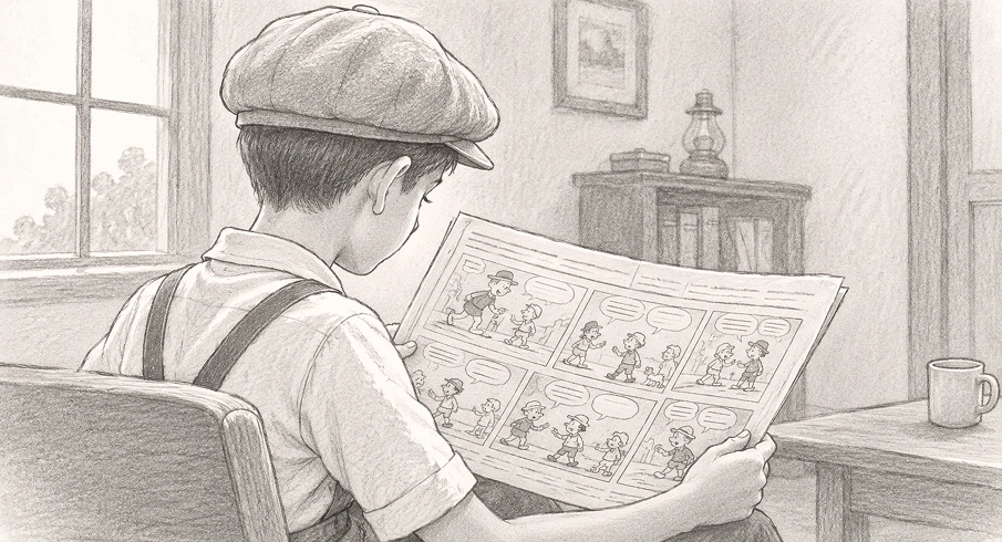 Illustration of a boy reading the Sunday comic strips